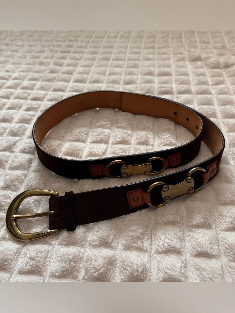 Michael Kors XL Brown Leather Belt with Gold Horsebit Hardware